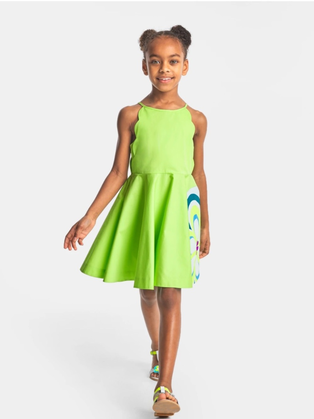 JACADI Neon Lime Green Sleeveless Scallop Dress with Graphic Panel - Picture 2 of 5